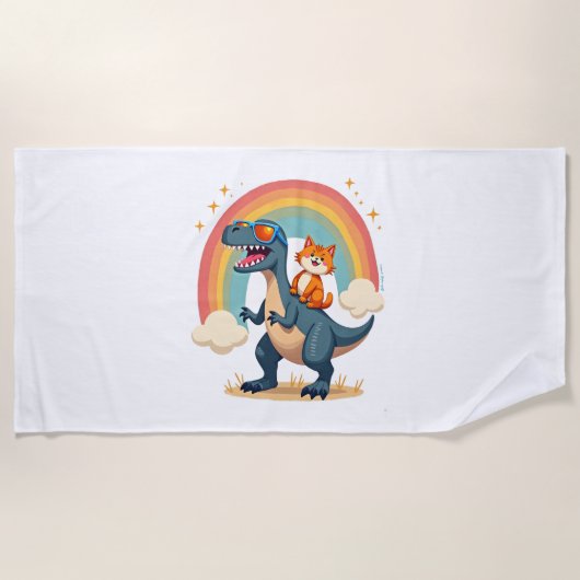 Cat Riding Dinosaur T-Rex Kitten Rainbow Dino Funn ビーチタオル (正面)