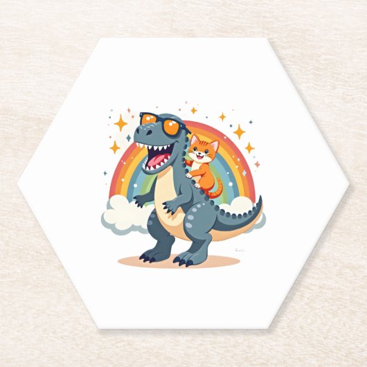 Cat Riding Dinosaur T-Rex Kitten Rainbow Dino Funn ペーパーコースター (正面)