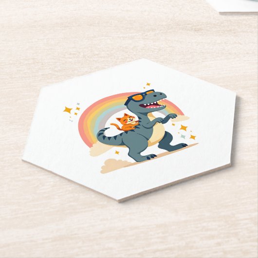 Cat Riding Dinosaur T-Rex Kitten Rainbow Dino Funn ペーパーコースター (アングル)