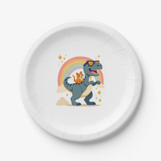 Cat Riding Dinosaur T-Rex Kitten Rainbow Dino Funn ペーパープレート