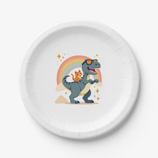 Cat Riding Dinosaur T-Rex Kitten Rainbow Dino Funn ペーパープレート (正面)