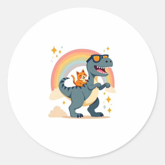 Cat Riding Dinosaur T-Rex Kitten Rainbow Dino Funn ラウンドシール (正面)