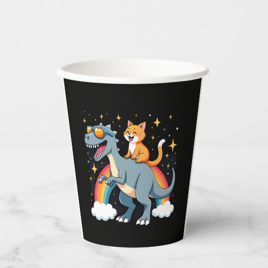 Cat Riding Dinosaur T-Rex Kitten Rainbow Dino Funn 紙コップ (正面)