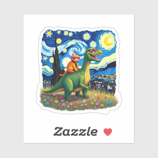 Cat Riding Dinosaur T-Rex Starry Night Cat Lover ( シール (シート)