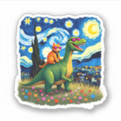 Cat Riding Dinosaur T-Rex Starry Night Cat Lover ( シール (正面)