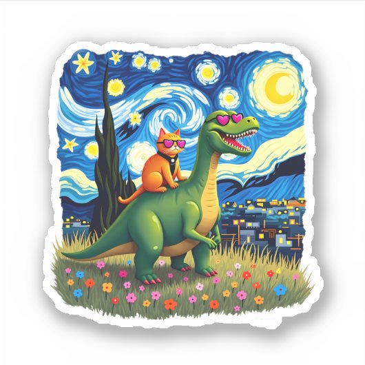Cat Riding Dinosaur T-Rex Starry Night Cat Lover ( シール (正面)