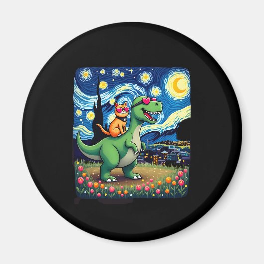 Cat Riding Dinosaur T-Rex Starry Night Cat Lover ( マグネット (正面)