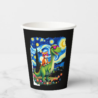 Cat Riding Dinosaur T-Rex Starry Night Cat Lover ( 紙コップ