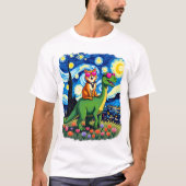 Cat Riding Dinosaur T-Rex Starry Night Cat Lover ( Tシャツ (正面)