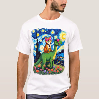 Cat Riding Dinosaur T-Rex Starry Night Cat Lover ( Tシャツ
