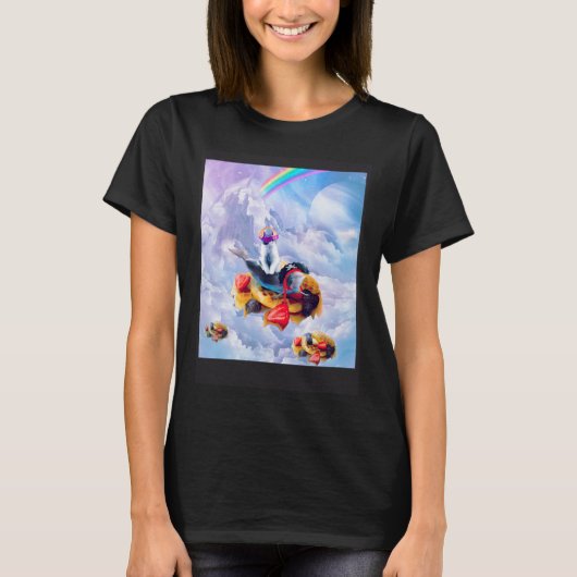 Cat Riding Dolphin On Clouds And Waffles Tシャツ (正面)