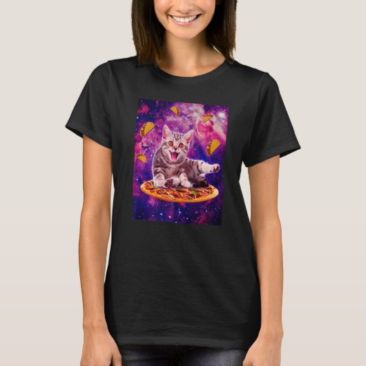 Cat Riding Pizza In Space Galaxy Taco Kitten Cats  Tシャツ (正面)