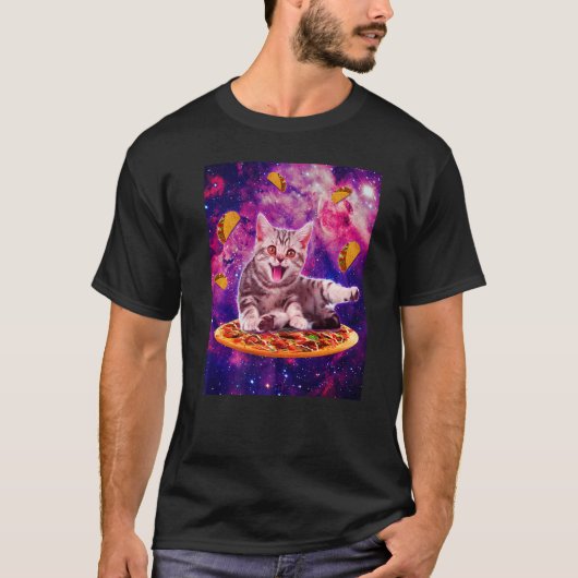 Cat Riding Pizza In Space Galaxy Taco Kitten Cats  Tシャツ (正面)