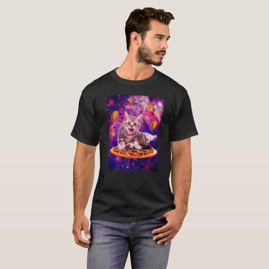 Cat Riding Pizza In Space Galaxy Taco Kitten Cats Tシャツ (正面フル)