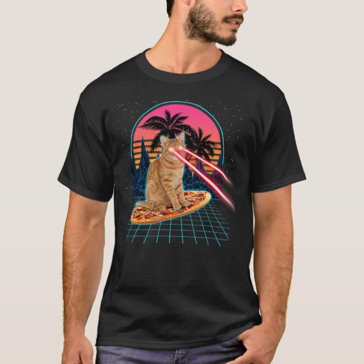 Cat Riding Pizza Laser Eyes 80s Cat In Space Cats  Tシャツ (正面)