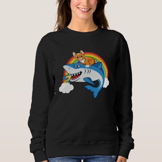Cat Riding Shark Eating Avocado With Rainbow For C スウェットシャツ (正面)