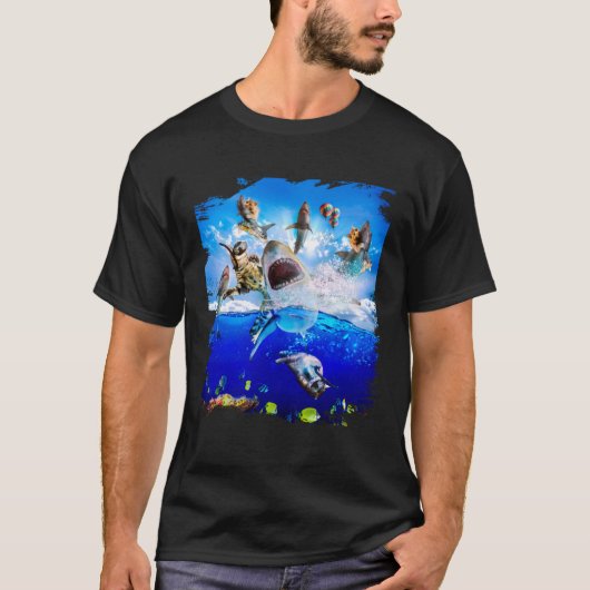 Cat riding shark in the ocean on the beach tシャツ (正面)