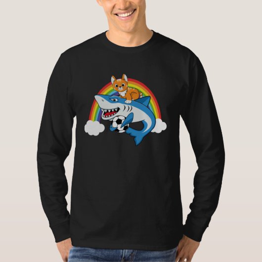 Cat Riding Shark Playing Soccer With Rainbow Graph Tシャツ (正面)