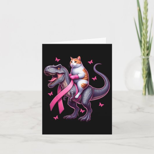 Cat Riding T Rex Dinosaur. Breast Cancer Awareness カード (正面)