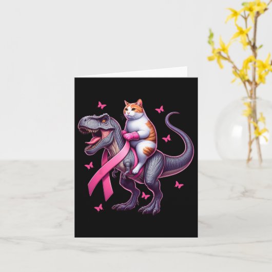 Cat Riding T Rex Dinosaur. Breast Cancer Awareness カード (黄色い花)
