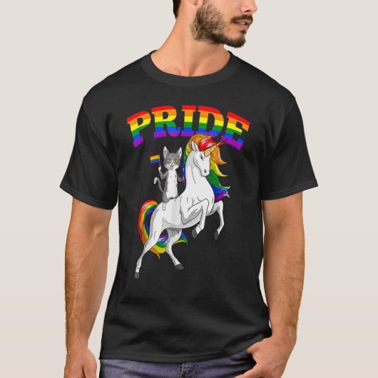 Cat Riding Unicorn Gay Pride Rainbow Lgbtq Tシャツ (正面)