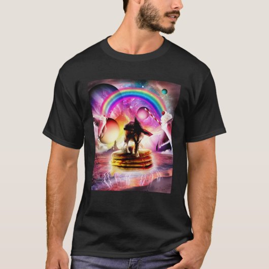 Cat Riding Wolf With Pancakes And Milkshake Tシャツ (正面)