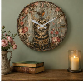 Cat & Robin Rustic Cottage Floral Animal Art ラージ壁時計