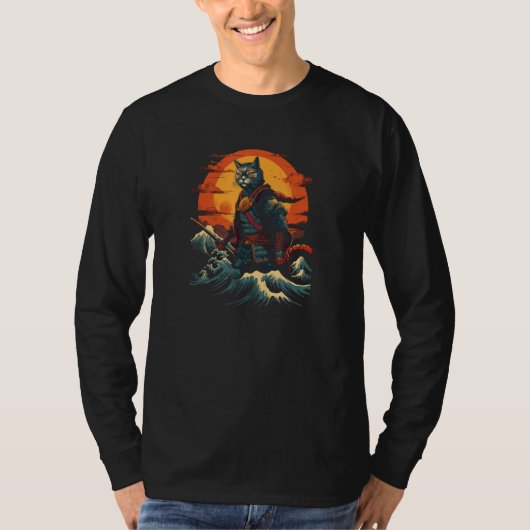 Cat Samurai The Great Wave  Charming Japanese Styl Tシャツ (正面)