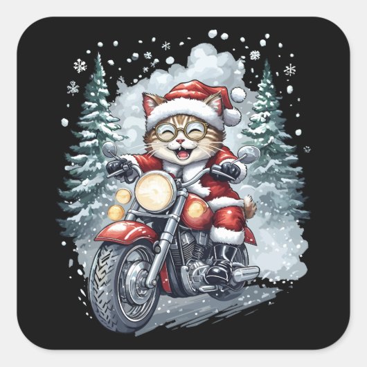 Cat Santa Motorcycle Black Background スクエアシール (正面)