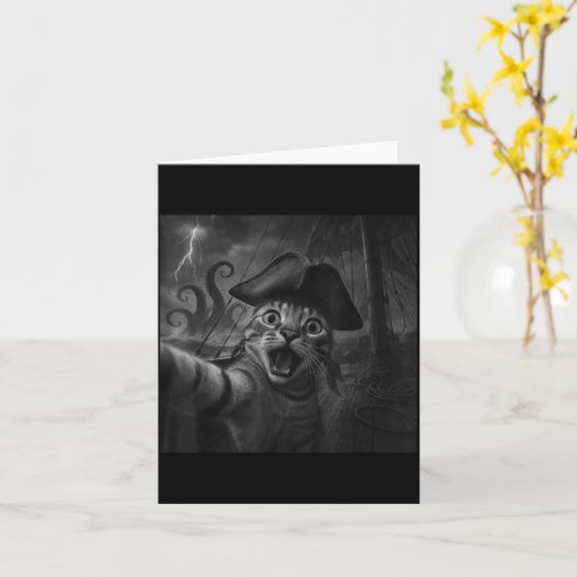 Cat Selfie With Kraken Octopus Funny Meme Men Wome カード (黄色い花)
