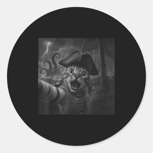 Cat Selfie With Kraken Octopus Funny Meme Men Wome ラウンドシール (正面)