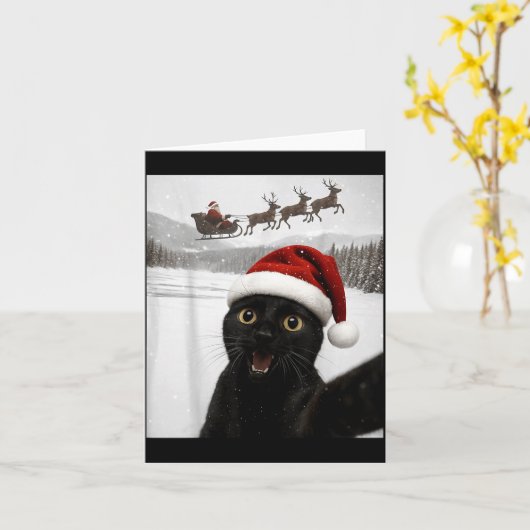 Cat Selfie With Santa Funny Black Cat Christmas Me カード (黄色い花)