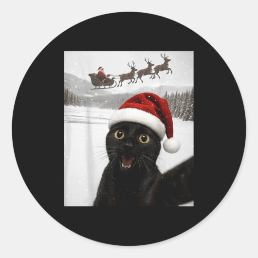 Cat Selfie With Santa Funny Black Cat Christmas Me ラウンドシール (正面)