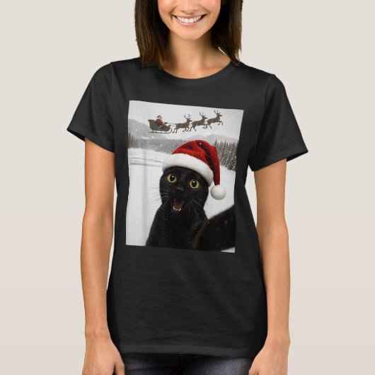 Cat Selfie With Santa Funny Black Cat Christmas Me Tシャツ (正面)