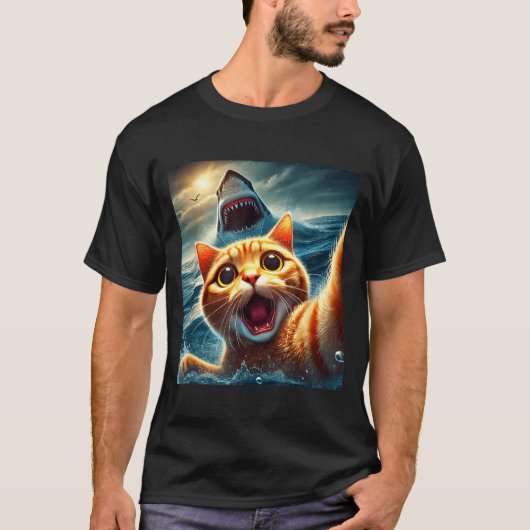 Cat Selfie With Shark Funny  Tシャツ (正面)