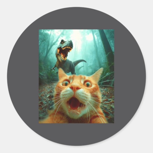 Cat Selfie With T-rex Dinosaur Trex Dino Men Women ラウンドシール (正面)
