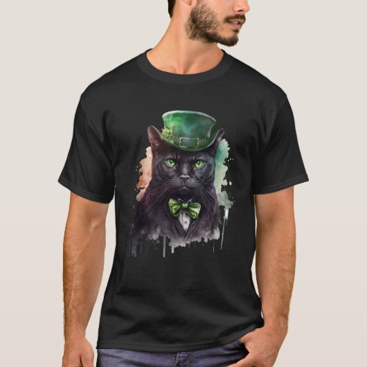 Cat  Shamrock St Patrick s Day Leprechaun Hat Blac Tシャツ (正面)