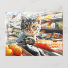 Cat shopping in grocery store with produce シーズンポストカード