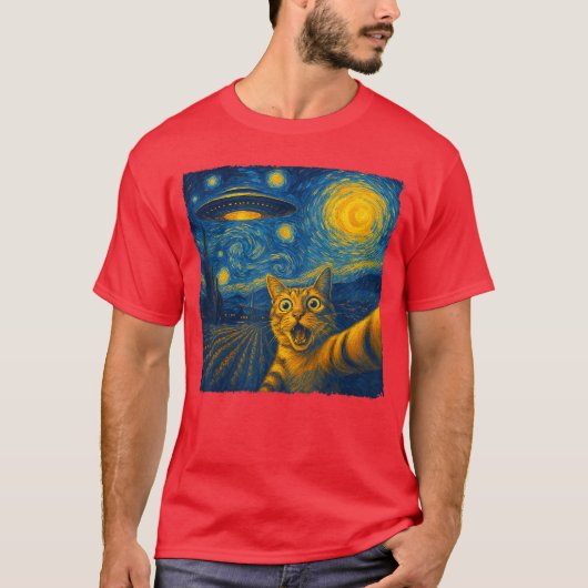 Cat Sie with UFO Cats Starry Night Van Gogh Men Wo Tシャツ (正面)