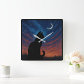 Cat Silhouette - Crescent Moon Night Sky スクエア壁時計 (ホーム)