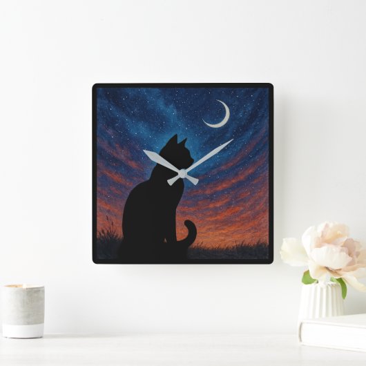 Cat Silhouette - Crescent Moon Night Sky スクエア壁時計 (ホーム)