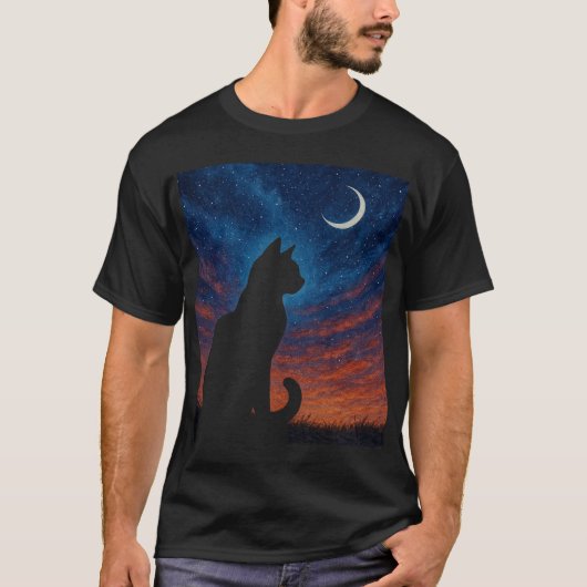 Cat Silhouette - Crescent Moon Night Sky Tシャツ (正面)