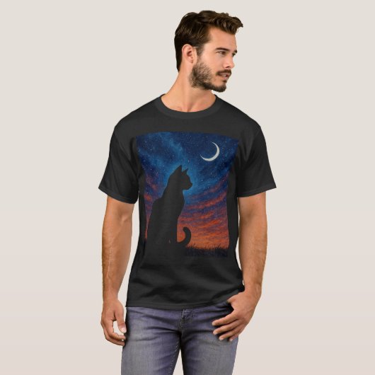 Cat Silhouette - Crescent Moon Night Sky Tシャツ (正面フル)