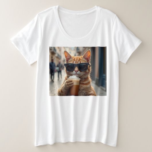 Cat Sipping Coffee On A Street プラスサイズTシャツ (デザイン正面)