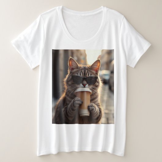 Cat Sipping Coffee On A Street プラスサイズTシャツ (デザイン正面)