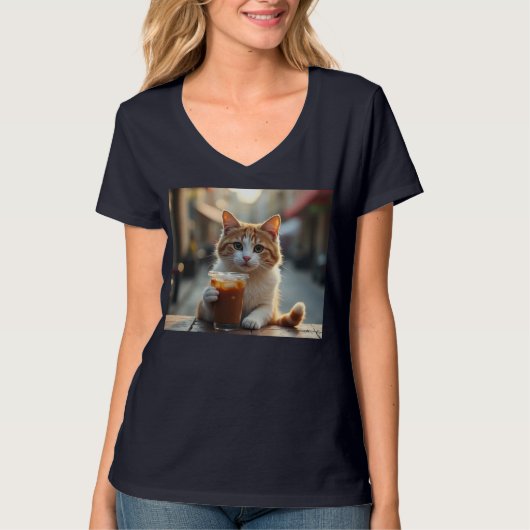 Cat Sipping Coffee On A Street Tシャツ (正面)