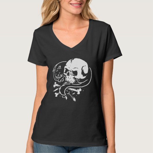 Cat Skull Kitty Skeleton Halloween Themed Costume Tシャツ (正面)
