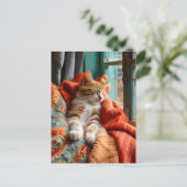 Cat Sleeping by Window with Pillow and Blanket ポストカード (スタンド正面)
