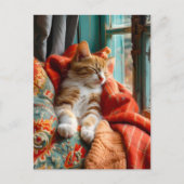 Cat Sleeping by Window with Pillow and Blanket ポストカード (正面)