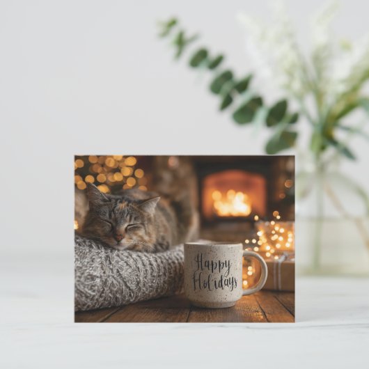 Cat Sleeping Next to a 'Happy Holidays" Mug ポストカード (スタンド正面)